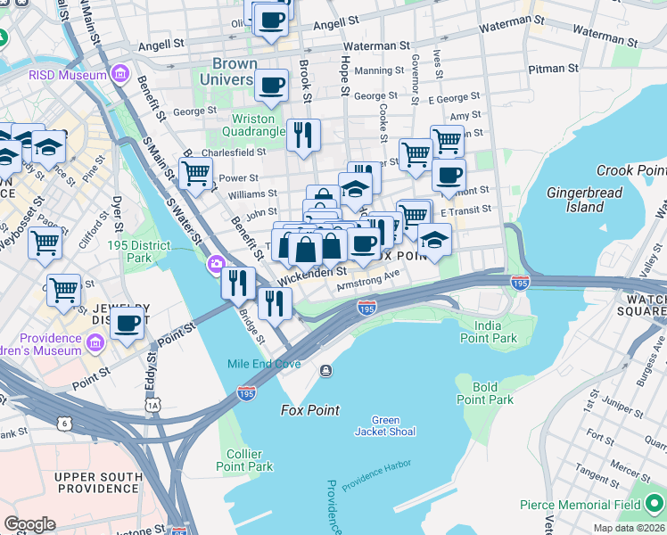 map of restaurants, bars, coffee shops, grocery stores, and more near 266 Wickenden Street in Providence