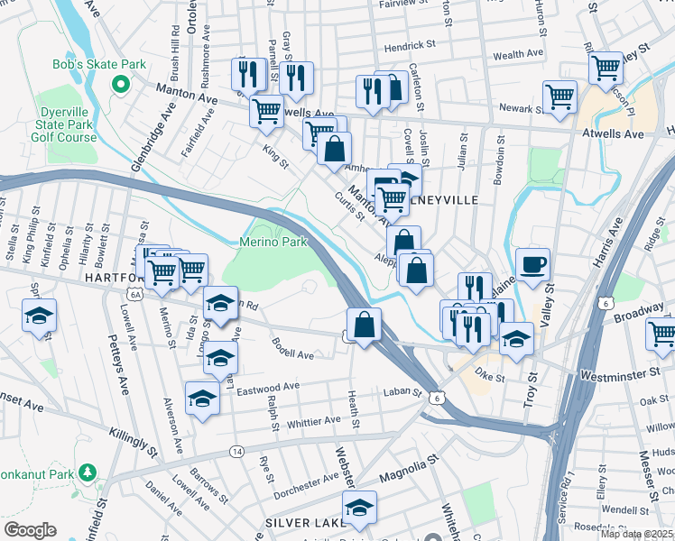 map of restaurants, bars, coffee shops, grocery stores, and more near U.S. 6 in Providence