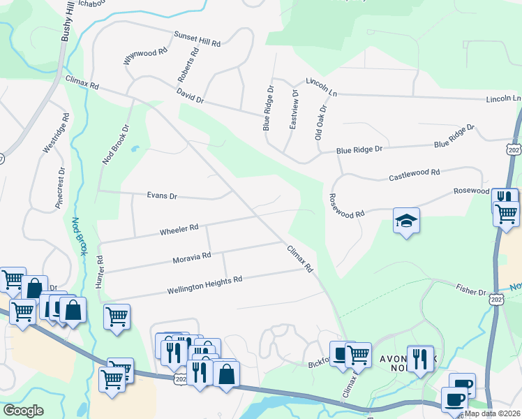 map of restaurants, bars, coffee shops, grocery stores, and more near 80 Climax Road in Simsbury