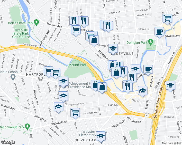map of restaurants, bars, coffee shops, grocery stores, and more near Dennis J. Roberts Expressway in Providence