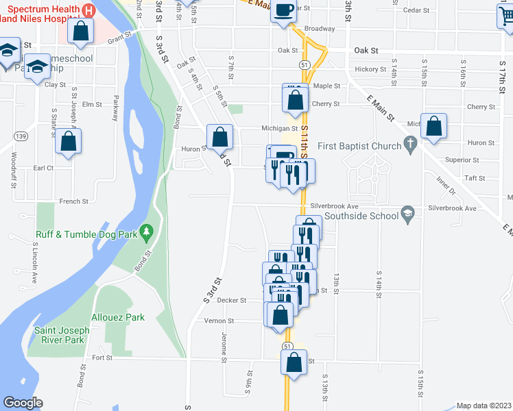 map of restaurants, bars, coffee shops, grocery stores, and more near 630 Silverbrook Avenue in Niles