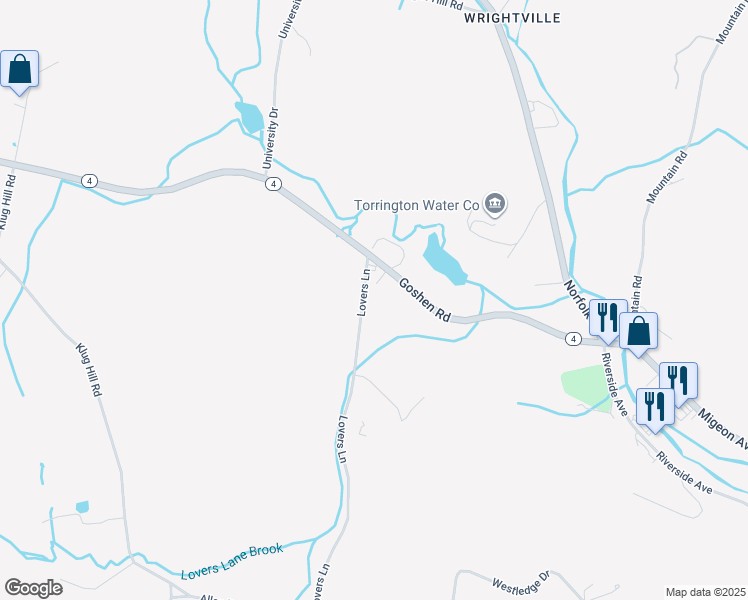 map of restaurants, bars, coffee shops, grocery stores, and more near 67 Lovers Lane in Torrington