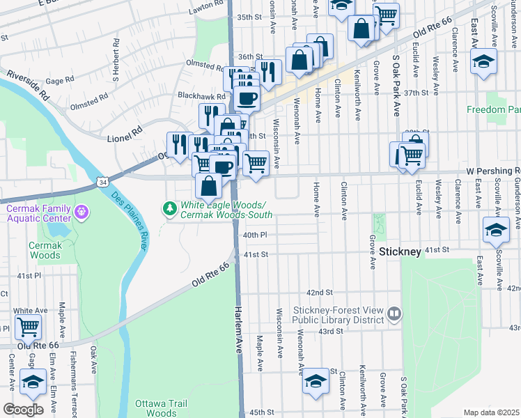map of restaurants, bars, coffee shops, grocery stores, and more near 7120 40th St in Stickney