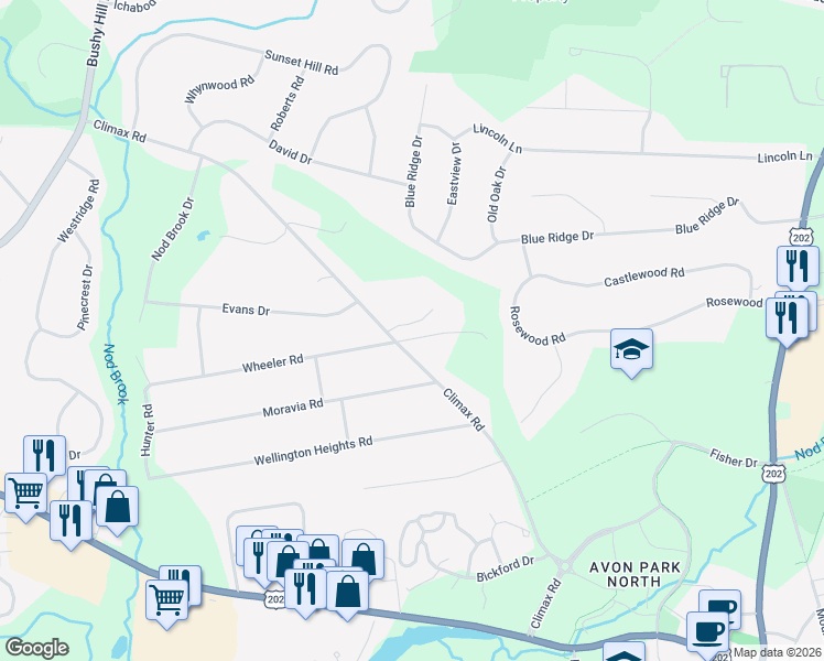 map of restaurants, bars, coffee shops, grocery stores, and more near 80 Climax Road in Simsbury