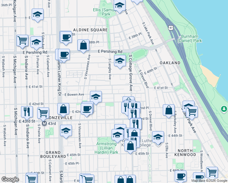 map of restaurants, bars, coffee shops, grocery stores, and more near 711 East 41st Street in Chicago