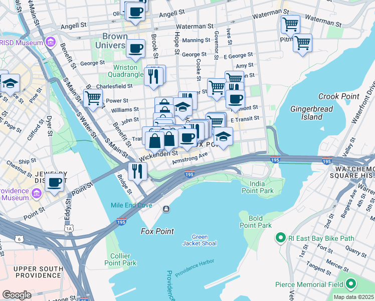 map of restaurants, bars, coffee shops, grocery stores, and more near 346 Wickenden Street in Providence