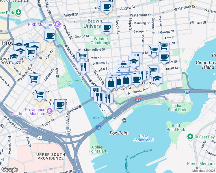 map of restaurants, bars, coffee shops, grocery stores, and more near 32 Sheldon Street in Providence