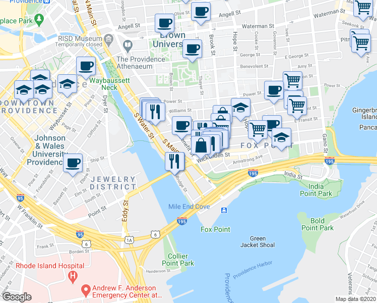 map of restaurants, bars, coffee shops, grocery stores, and more near 414 Benefit Street in Providence