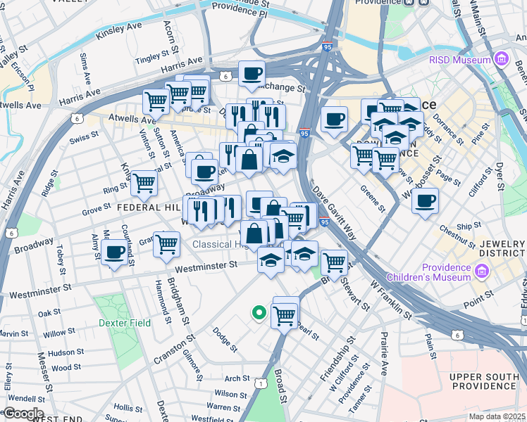 map of restaurants, bars, coffee shops, grocery stores, and more near 8 Cargill Street in Providence