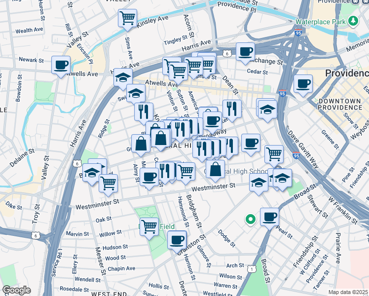 map of restaurants, bars, coffee shops, grocery stores, and more near 329 Broadway in Providence
