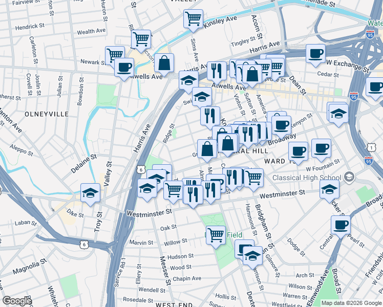 map of restaurants, bars, coffee shops, grocery stores, and more near in Providence