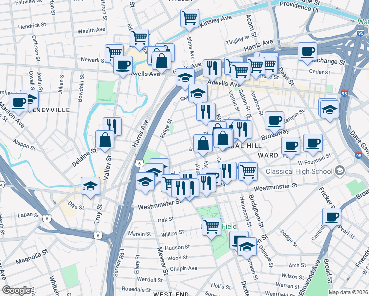 map of restaurants, bars, coffee shops, grocery stores, and more near 102 Ring Street in Providence