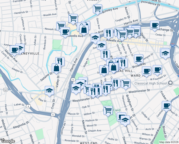 map of restaurants, bars, coffee shops, grocery stores, and more near 102 Ring Street in Providence
