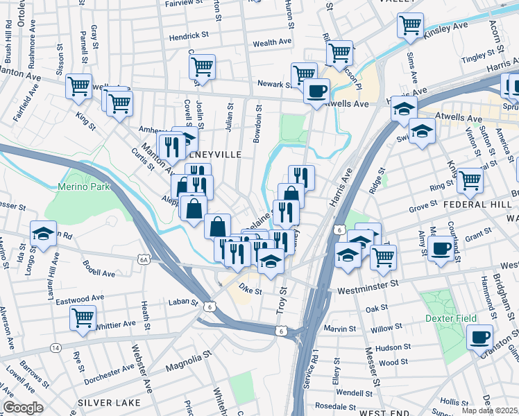 map of restaurants, bars, coffee shops, grocery stores, and more near 3 Bowdoin Street in Providence