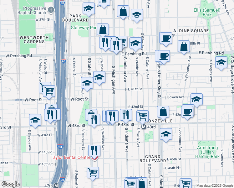 map of restaurants, bars, coffee shops, grocery stores, and more near 4109 South Michigan Avenue in Chicago