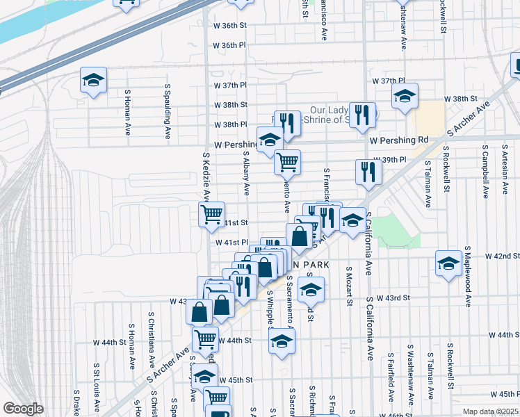 map of restaurants, bars, coffee shops, grocery stores, and more near 3020 West 40th Place in Chicago