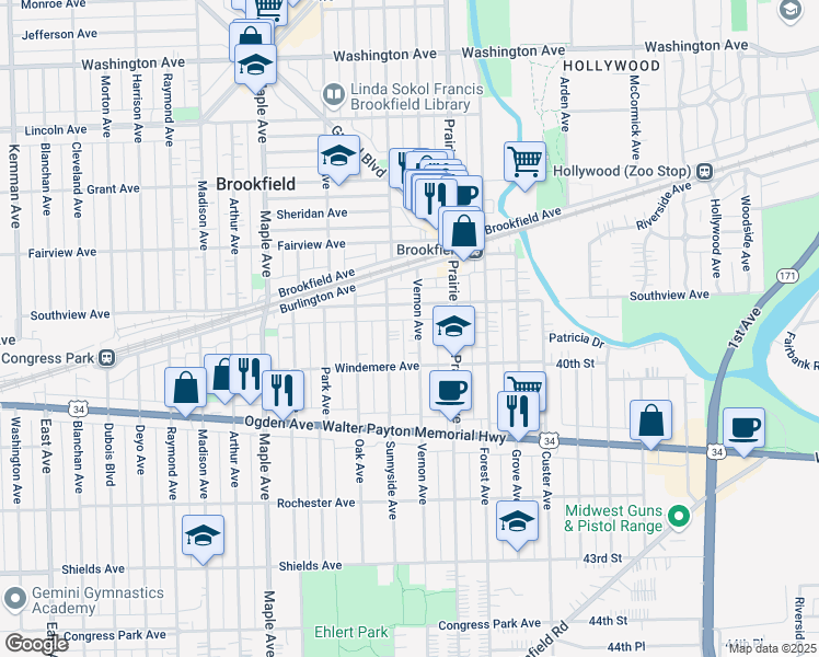 map of restaurants, bars, coffee shops, grocery stores, and more near 8935 Southview Avenue in Brookfield
