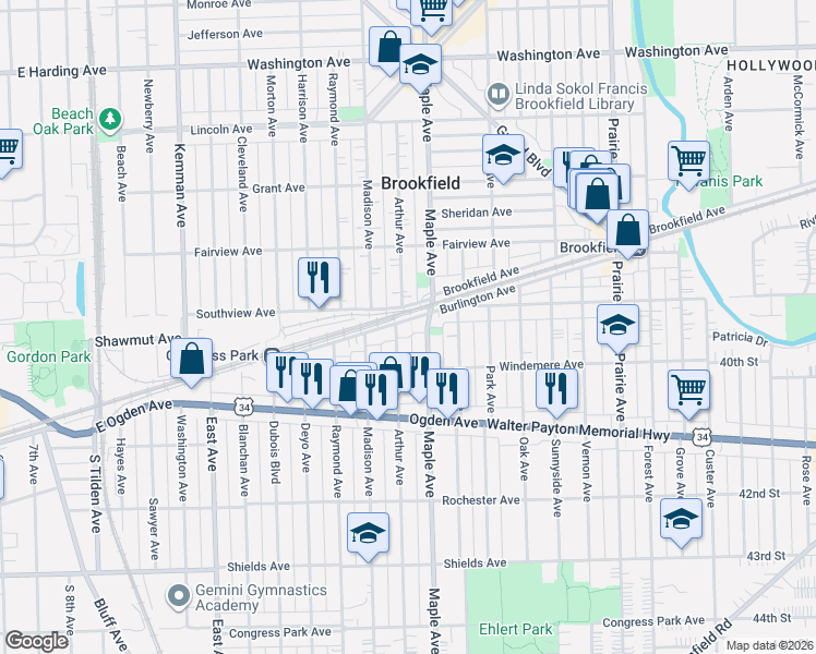 map of restaurants, bars, coffee shops, grocery stores, and more near 3908 Maple Avenue in Brookfield