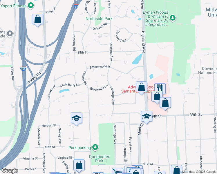 map of restaurants, bars, coffee shops, grocery stores, and more near 3685 Saratoga Avenue in Downers Grove