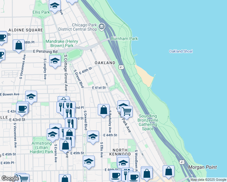 map of restaurants, bars, coffee shops, grocery stores, and more near 1061 East 41st Place in Chicago