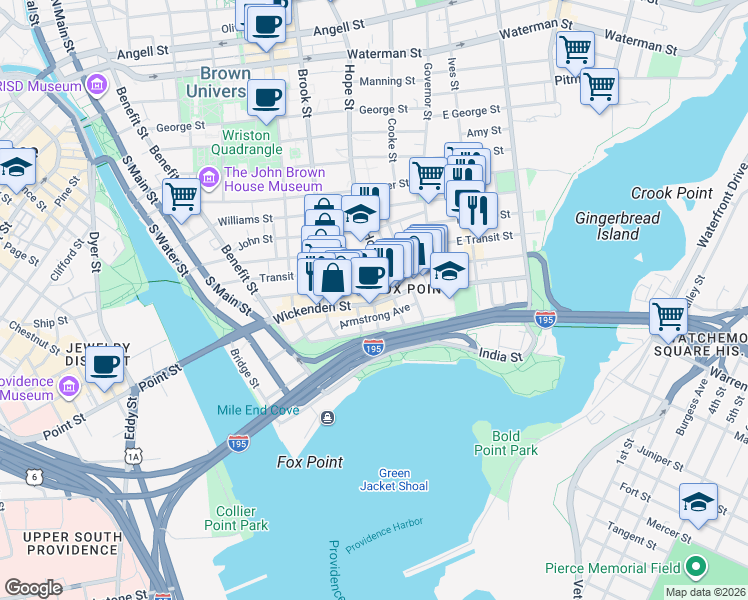 map of restaurants, bars, coffee shops, grocery stores, and more near 354 Wickenden Street in Providence