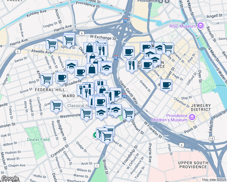 map of restaurants, bars, coffee shops, grocery stores, and more near 325 Washington Street in Providence