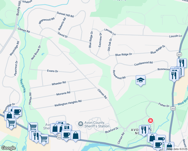 map of restaurants, bars, coffee shops, grocery stores, and more near 36 Hendricks Lane in Simsbury