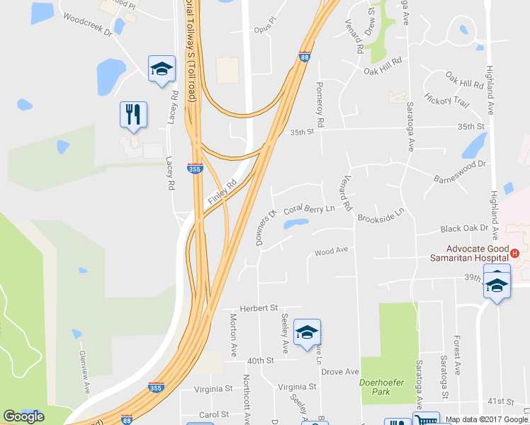map of restaurants, bars, coffee shops, grocery stores, and more near 3700 Downers Drive in Downers Grove