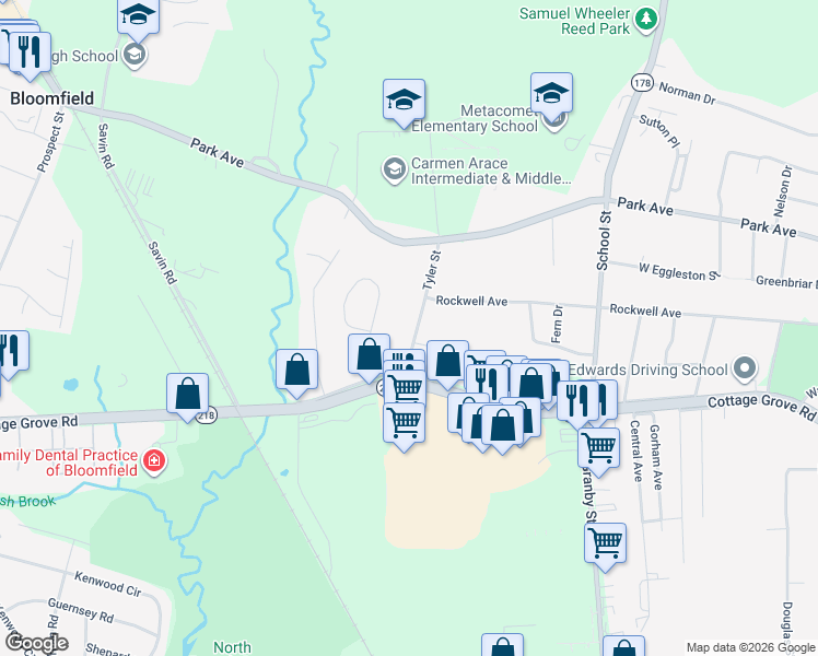 map of restaurants, bars, coffee shops, grocery stores, and more near 38 Tyler Street in Bloomfield