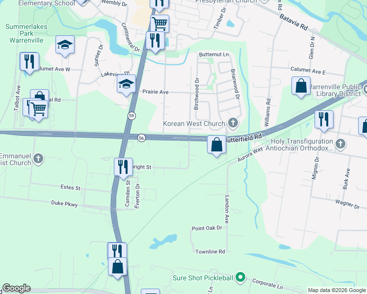 map of restaurants, bars, coffee shops, grocery stores, and more near 3S450 Pattermann Rd in Warrenville