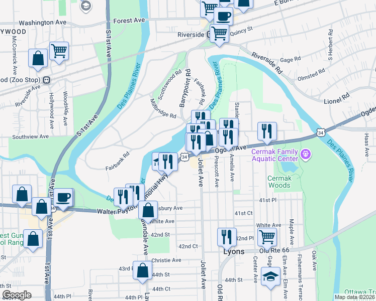 map of restaurants, bars, coffee shops, grocery stores, and more near 8010 And 8030 Riverwalk Drive in Lyons