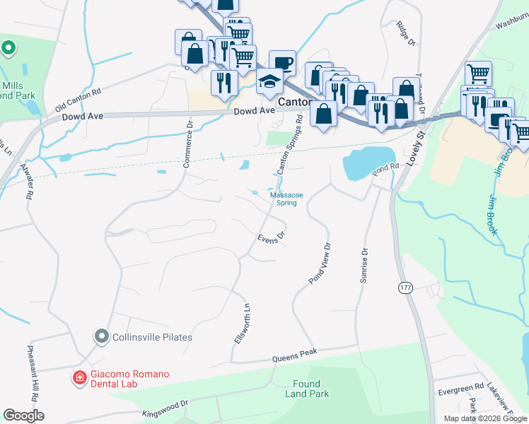 map of restaurants, bars, coffee shops, grocery stores, and more near 30 Canton Springs Road in Canton
