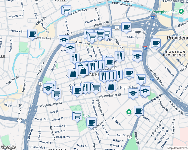 map of restaurants, bars, coffee shops, grocery stores, and more near 329 Broadway in Providence