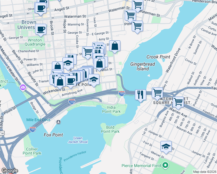 map of restaurants, bars, coffee shops, grocery stores, and more near 39 Schofield Street in Providence