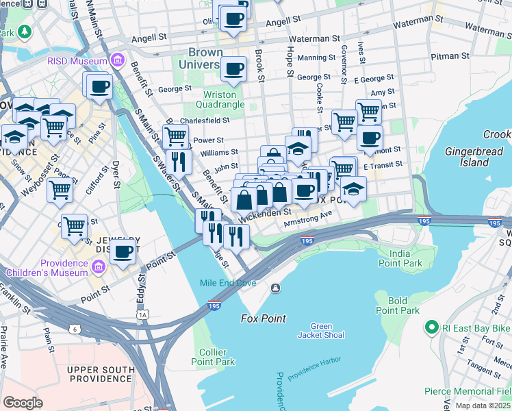 map of restaurants, bars, coffee shops, grocery stores, and more near 32 Sheldon Street in Providence