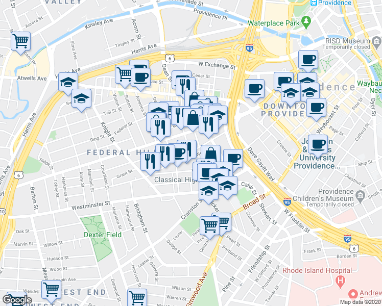 map of restaurants, bars, coffee shops, grocery stores, and more near 3 Pallas Street in Providence