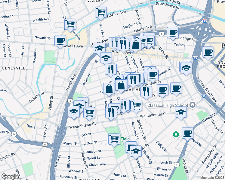 map of restaurants, bars, coffee shops, grocery stores, and more near 84 Courtland Street in Providence