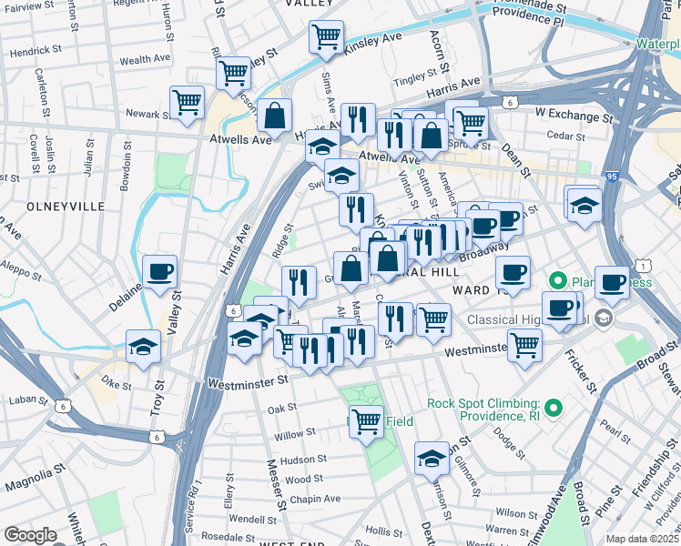 map of restaurants, bars, coffee shops, grocery stores, and more near in Providence
