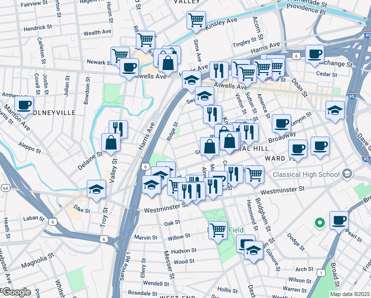 map of restaurants, bars, coffee shops, grocery stores, and more near 102 Ring Street in Providence