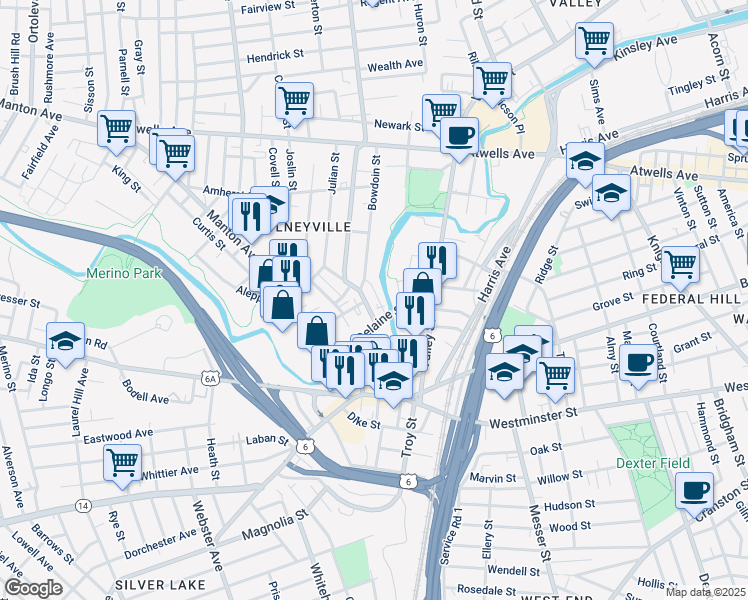 map of restaurants, bars, coffee shops, grocery stores, and more near 3 Bowdoin Street in Providence