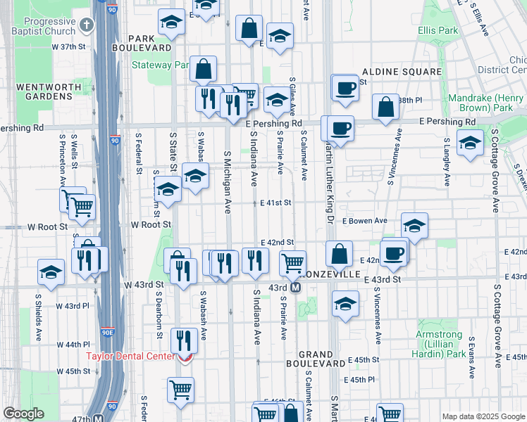 map of restaurants, bars, coffee shops, grocery stores, and more near 4105 South Indiana Avenue in Chicago