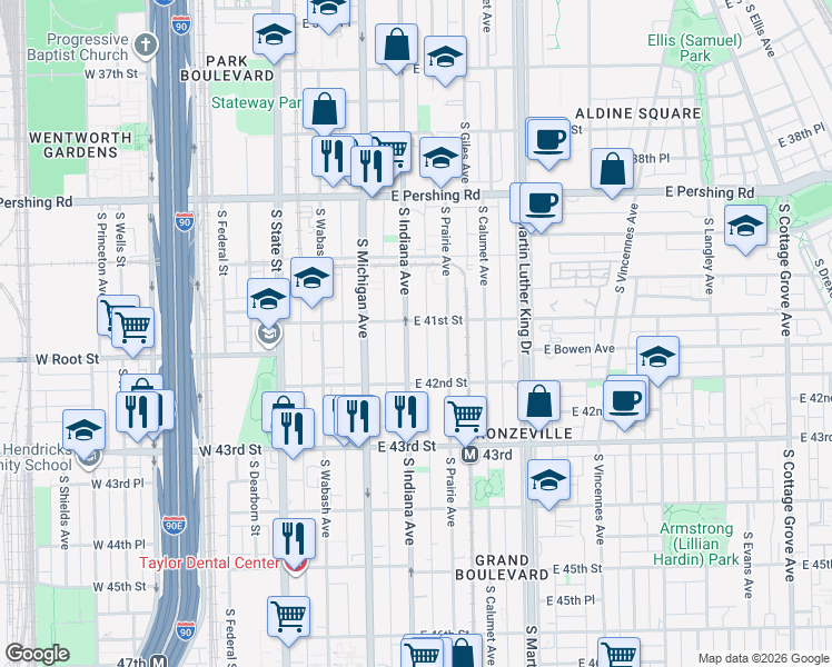 map of restaurants, bars, coffee shops, grocery stores, and more near 4105 South Indiana Avenue in Chicago