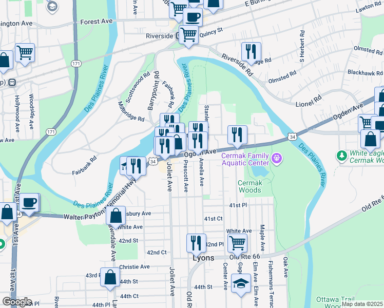 map of restaurants, bars, coffee shops, grocery stores, and more near 7860 Ogden Avenue in Lyons