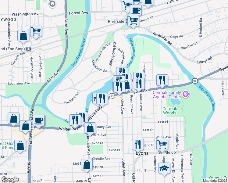 map of restaurants, bars, coffee shops, grocery stores, and more near 8010 And 8030 Riverwalk Drive in Lyons