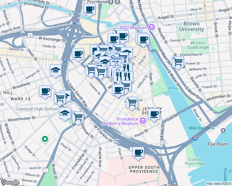 map of restaurants, bars, coffee shops, grocery stores, and more near 8 Abbott Park Place in Providence