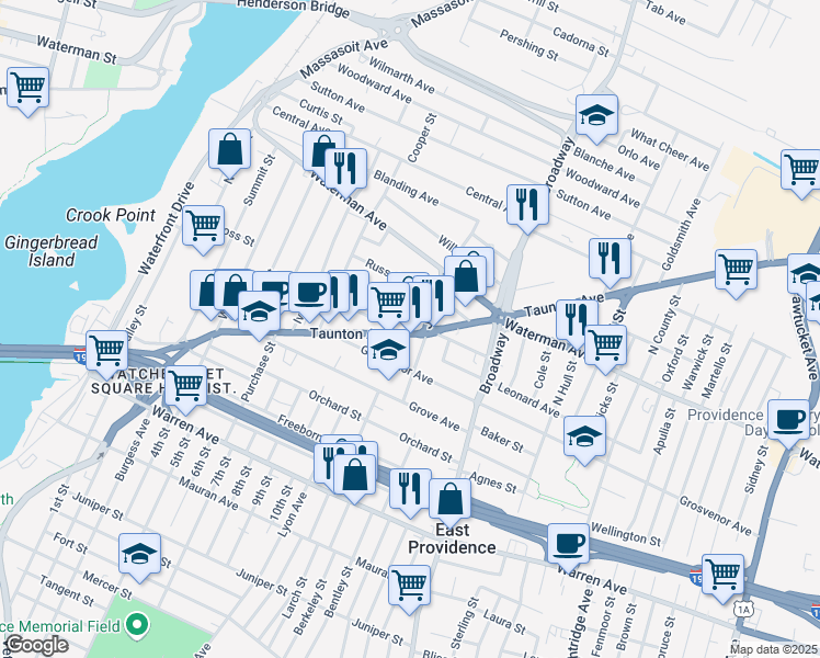 map of restaurants, bars, coffee shops, grocery stores, and more near 214 Taunton Ave in East Providence