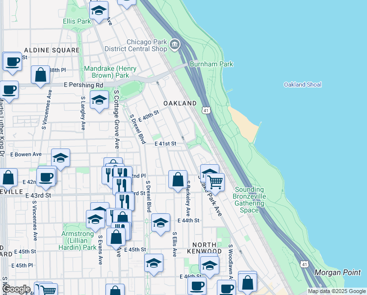 map of restaurants, bars, coffee shops, grocery stores, and more near 4104 South Lake Park Avenue in Chicago
