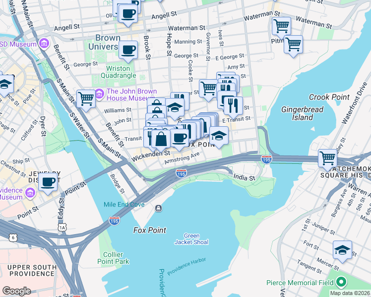map of restaurants, bars, coffee shops, grocery stores, and more near 374 Wickenden Street in Providence