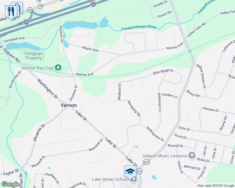 map of restaurants, bars, coffee shops, grocery stores, and more near 11 Midland Drive in Vernon