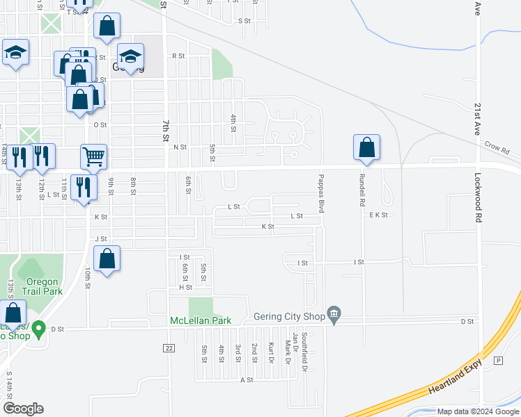map of restaurants, bars, coffee shops, grocery stores, and more near 315 L Street in Gering